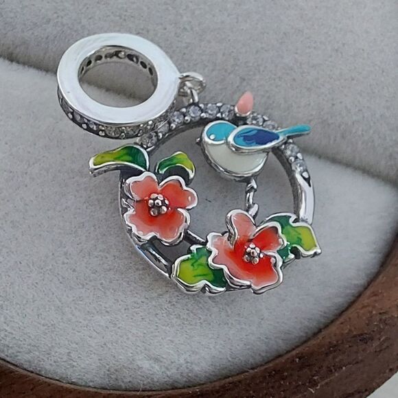 925 Silver Bird & Garden Dangle Charm - Picture 2 of 5